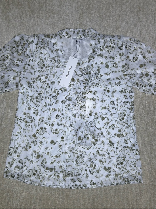 Calvin Klein Tops - Calvin Klein White Blouse with Olive Floral Print Cottagecore